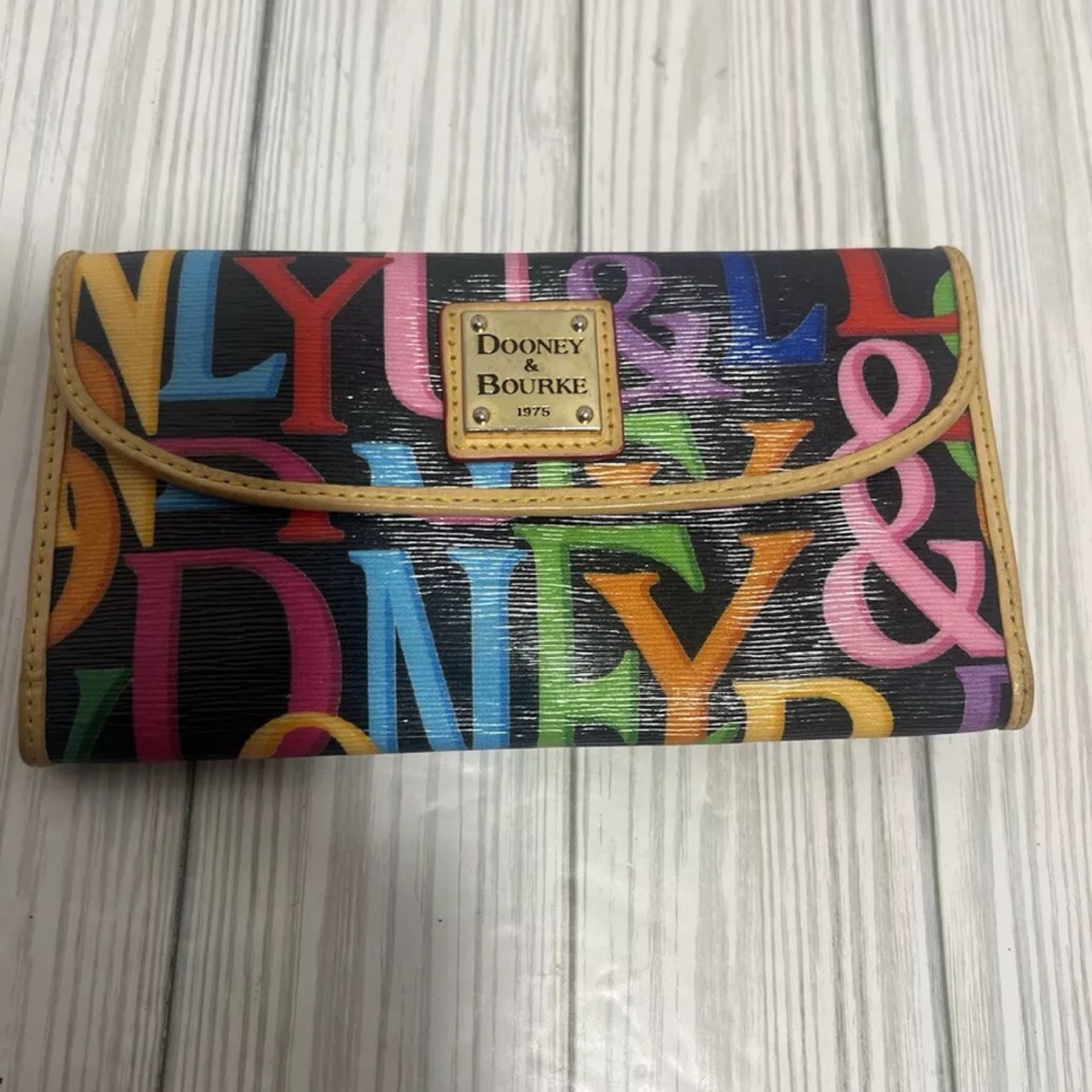 Dooney & Bourke Black Multicolor Logo Continental Wallet With Tan Trim